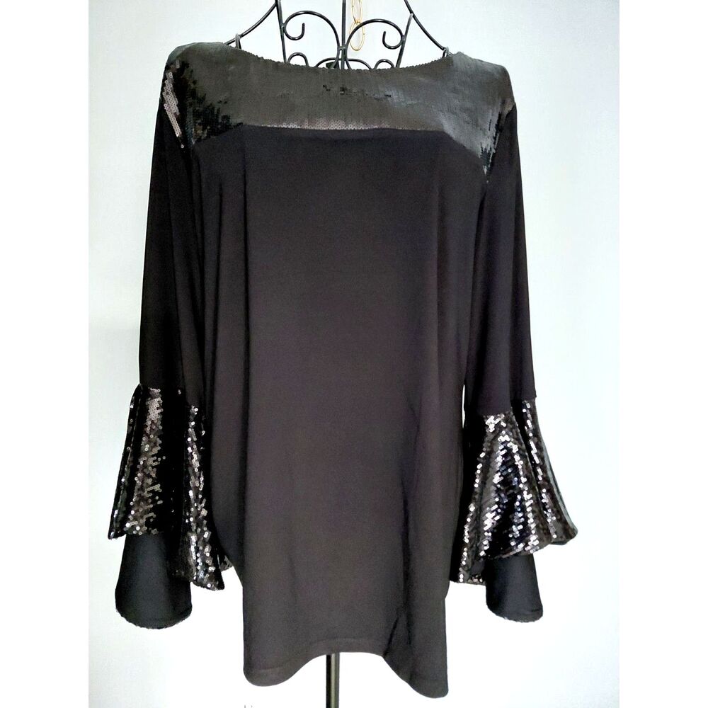 Prelude Black Sequined Blouse Womens Sz L Bell Sleeves